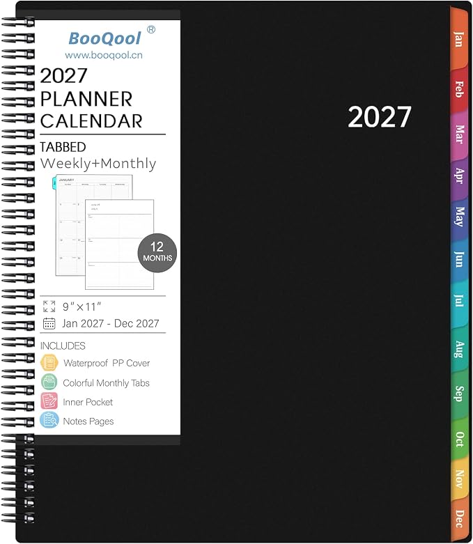 2027 Planner - 2027 Weekly and Monthly Planner | Jan. 2027 - Dec. 2027, 9” x 11”, Planner for Women Men with Twin-Wire Binding, 12 Colorful Tabs, Pocket, Holidays - Black