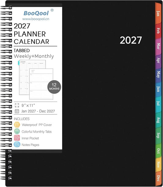 2027 Planner - 2027 Weekly and Monthly Planner | Jan. 2027 - Dec. 2027, 9” x 11”, Planner for Women Men with Twin-Wire Binding, 12 Colorful Tabs, Pocket, Holidays - Black