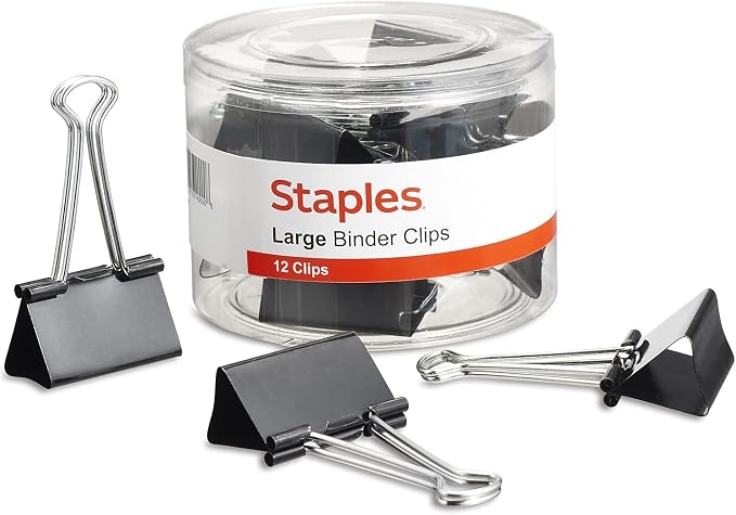 Staples Binder Clips, Large Size, 1" Capacity, Black, 12 Pack – Strong Hold Clips for Office Filing & Paper Bundles