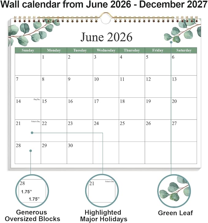 2026-2027 Calendar - Calendar 2026-2027 from July 2026 - December 2027, 19 Months Calendar with Premium Paper, Twin-Wire Binding & Hanging Hook, 12" x 14.5", Green Leaf