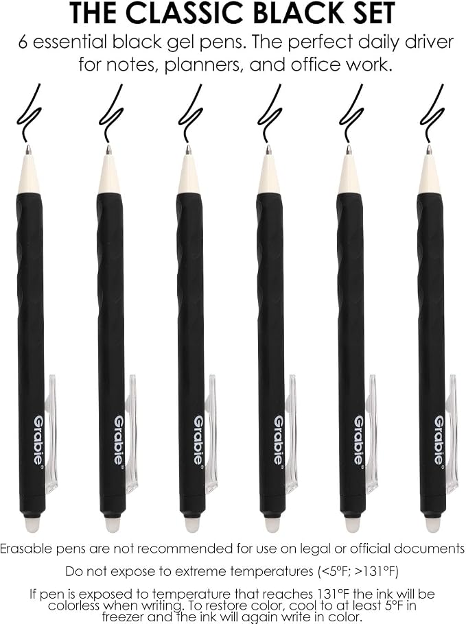 Grabie Erasable Gel Pens, Medium Point 0.7 mm Erasable Pens, Make Mistakes Disappear for Drawing Writing Planner, Pack of 6, Black