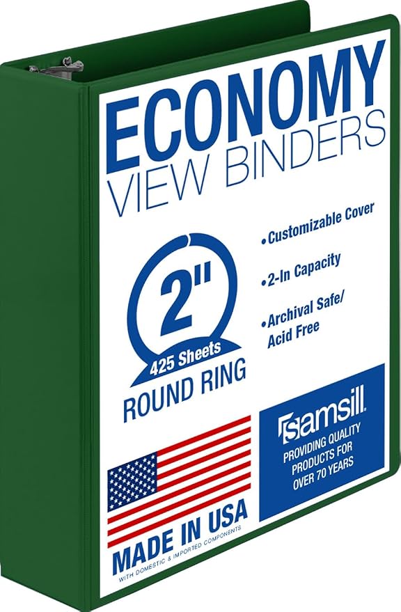 Samsill 2 Inch 3 Ring Binder, Economy Round Ring, Clear View Cover, 425 Sheet Capacity - for School, Home, Office - Forest Green