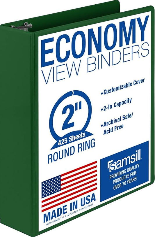 Samsill 2 Inch 3 Ring Binder, Economy Round Ring, Clear View Cover, 425 Sheet Capacity - for School, Home, Office - Forest Green