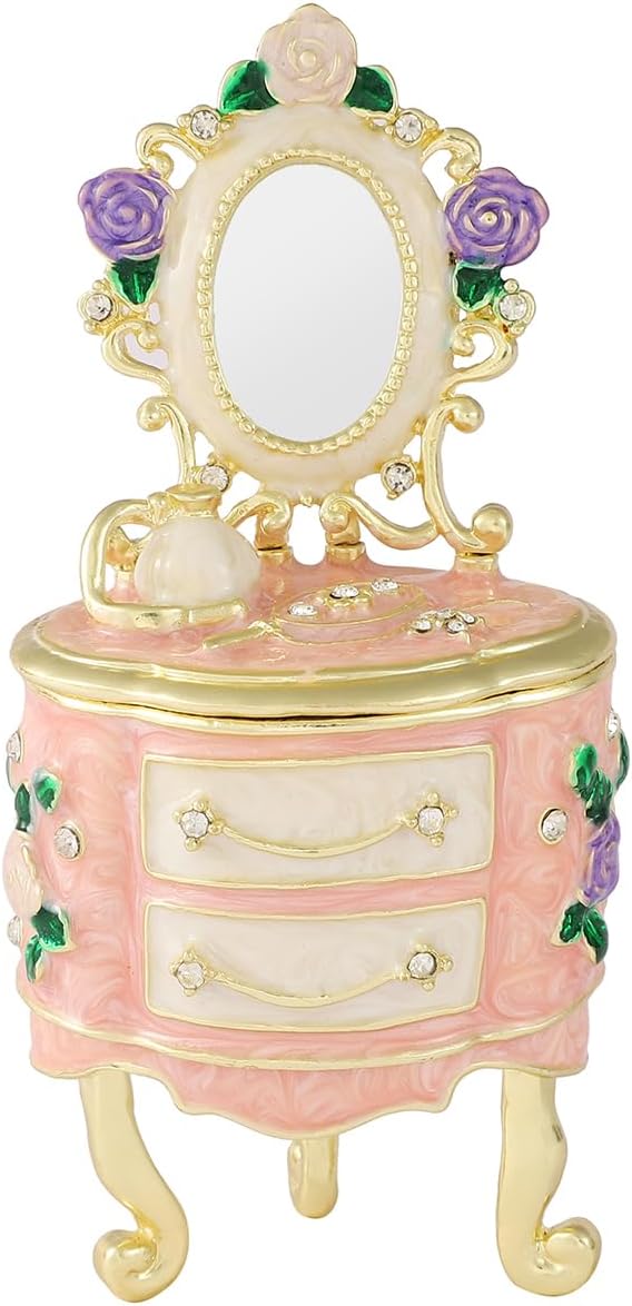 QIFU Hand Painted Pink Dressing Table Style Enamel Trinket Box Hinged, Elegant Small Jewelry Box