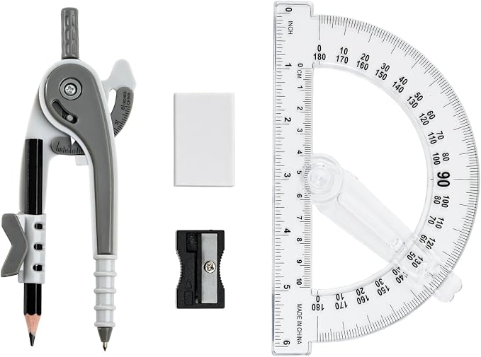 Vobou Compass and Protractor Set, 6 Inch Protractor with Swing Arm (Gray) | Compasses for Math for Drafting, Sharpener, Eraser and 180 Degree 6 Inch Clear Protractor, Easy Grip, School Supplies