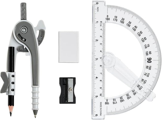 Vobou Compass and Protractor Set, 6 Inch Protractor with Swing Arm (Gray) | Compasses for Math for Drafting, Sharpener, Eraser and 180 Degree 6 Inch Clear Protractor, Easy Grip, School Supplies