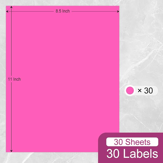 L LIKED 30 Fluorescent Pink Full-Sheet Labels, 8-1/2" x 11" Neon Colored Self Adhesive Labels for Laser & Inkjet Printers - 30 Sheets