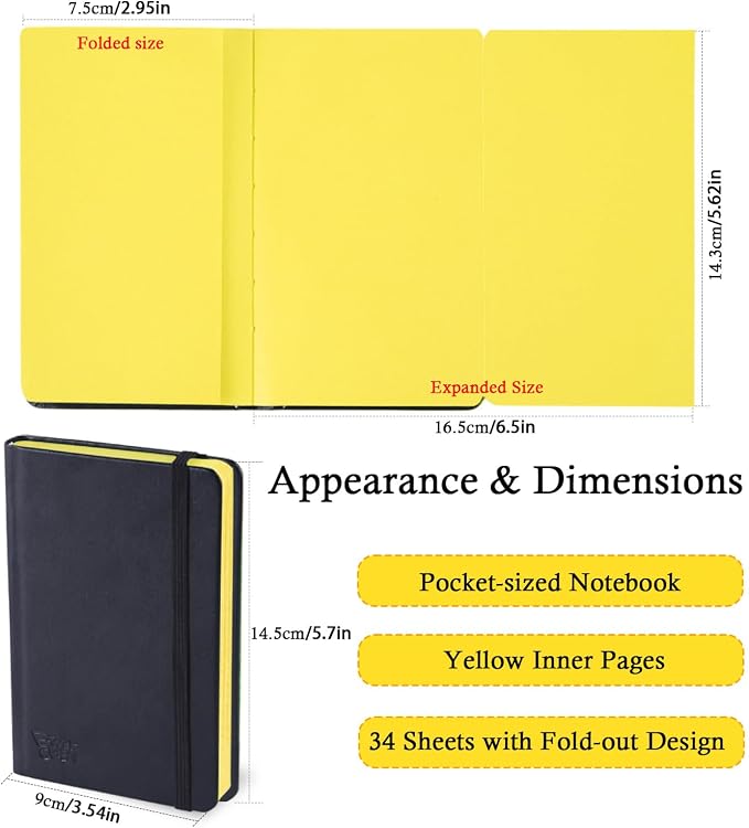 Small Premium Yellow Art Sketchbook,5.7 x 3.54 inches Mixed Media Notebook,34 Sheets 120 GSM Acid-Free Folding Drawing Papers, Hardcover Pocket Journal Sketchbook for All Artists