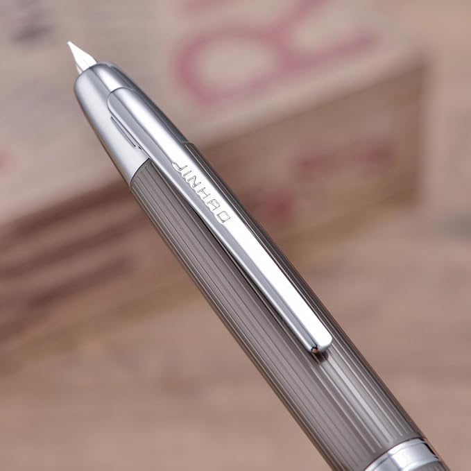 Jinhao 10 Press Fountain Pen with Box, Brushed Matt Gray Retractable Fine Nib with Converter Set (Silver Clip)