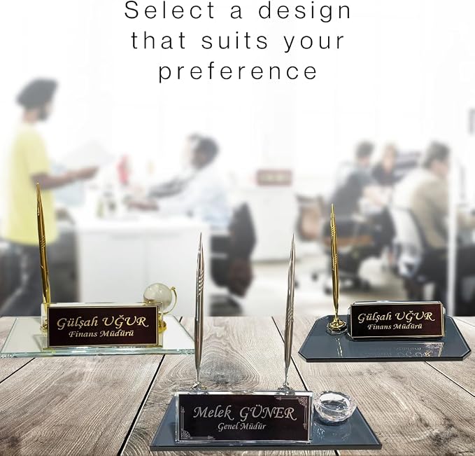 MOOGCO Modern Black Glass Desk Name Plate with Pen Holder, Clock, Cardholder - Desk Organizer