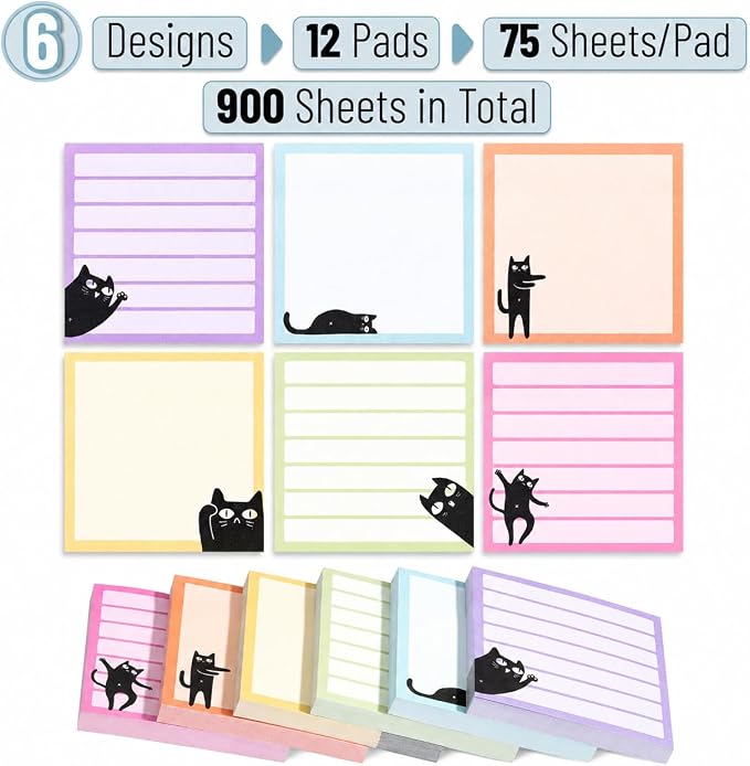 Mr. Pen- Black Cat Sticky Notes Set, 3" x 3", 12 Pads, 900 Sheets | Black Cat Sticky Notes, Memo Pads, Self-Stick Note Pad for Office, School, Home, Study & Organization