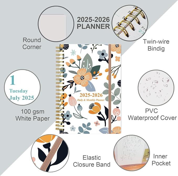 2026 Daily & Monthly Planner - One Page Per Day, Daily Planner 2026 from January 2026 to December 2026, Planners 26 with 12 Monthly Tabs, 6.4" x 8.5", Rose Flower