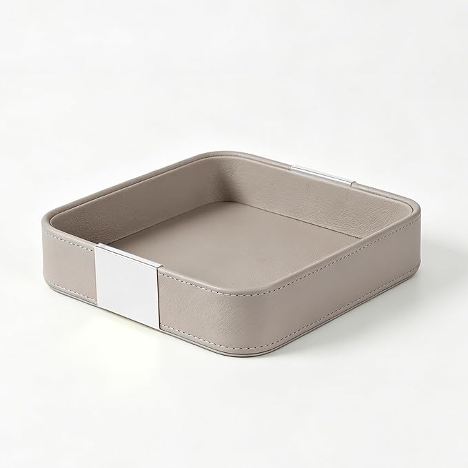 SANZIE Luxury Leather Desktop Storage Small Catchall Organizer Decorative Tray for Entryway Table to Hold Jewelry Watch Cosmetics Keys Phone Wallet, Home & Office Accessories (Metal Silvered, Grey) | Metal Silvered, Leather Decorative Tray for Entryway...