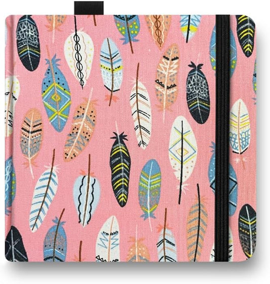5x5 Handy Portable Handmade Cloth Fabric Hardcover Sewing Binding Travel WaterSketchbooks Watercolor Paper 140LB/300gsm 20Sheets/40Pages Journal Mixed Media Pad Notebook Pink Feather