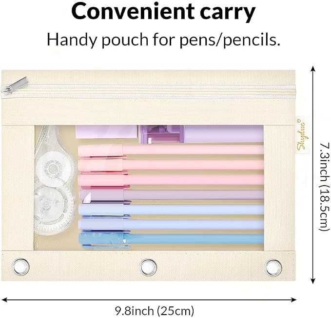 SKYDUE Pencil Pouches for 3 Ring Binder, Zipper Pencil Pouch for Girls Boys, Clear Window Pencil Bag, 3 Ring Pencil Pouch Case for Binder, Durable Organizer for School Supplies