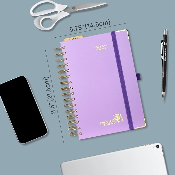 POPRUN 2027 Daily Planner One Page Per Day, 5.75" x 8.5", Calendar Book from Jan 2027 - Dec 2027, Hardcover Appointment Book with Hourly Time Slots, Spiral Bound, Monthly Tabs - Orange