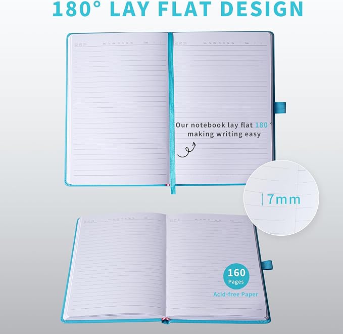 Heture Hardcover Journal Notebooks, A5 Lined Notebook for Writing and Work, 160 Pages 100 GSM Thick Paper, Ruled Notebooks Bulk with Elastic Closure, Hardcover Notebook for Work, School, Travel, Note Taking (Turquoise Blue, 1 Pack)