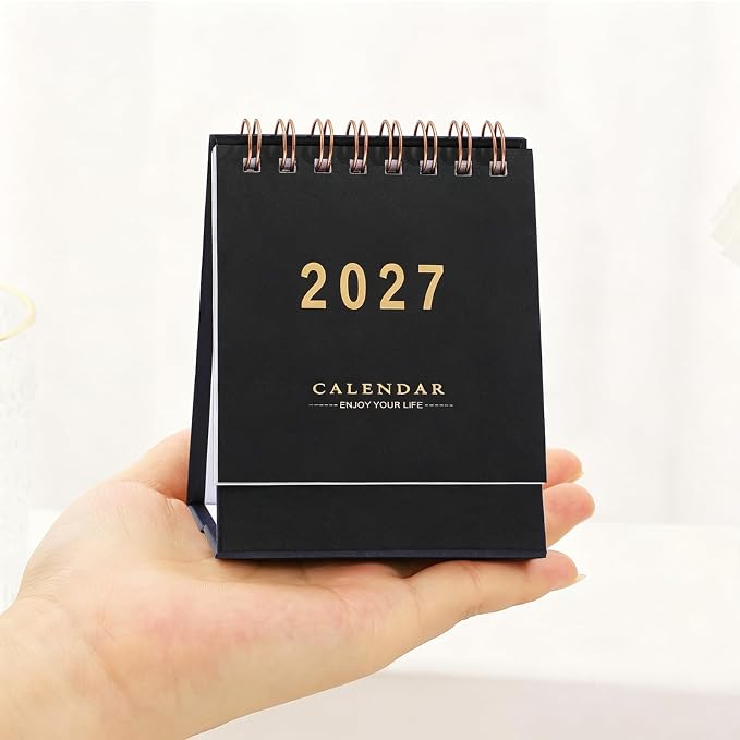Mini Desk Calendar 2026-2027 - Use July 2026 to Dec 2027 Monthy Small Desktop Calendar 250 GSM Thick Paper Twin-Wire Binding for Home or Office (Black)