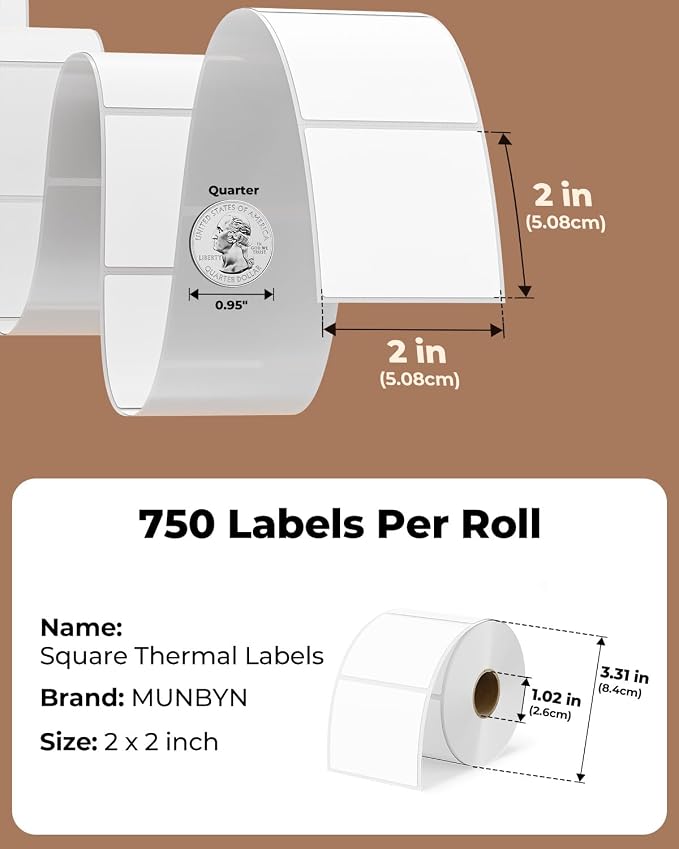 MUNBYN 2x2 Thermal Labels, 750 Sheets/Roll, White | Strong Adhesive & Perforated, Non BPA&BPS for Small Business, Barcode, Bakery, Shipping