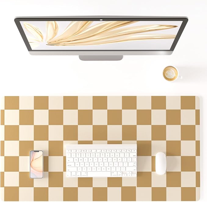 Colorful Star Khaki Plaid Large Mouse Pad, 31.5" x 15.7" | Waterproof Non-Slip Desk Mat for Office Accessories, Mousepad & Large Desk Pad, PU Leather Laptop Mat