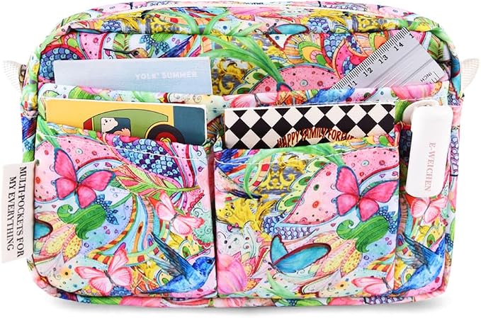 E-WEICHEN Multiple Pockets Portfolio Organizer with Zippered, Makeup Bag Travel Essentials for Women, Simple Waterproof Stationery Pencil Pouch Bag for Journal Office Art Supplies.Flowers and Birds
