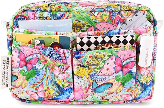 E-WEICHEN Multiple Pockets Portfolio Organizer with Zippered, Makeup Bag Travel Essentials for Women, Simple Waterproof Stationery Pencil Pouch Bag for Journal Office Art Supplies.Flowers and Birds