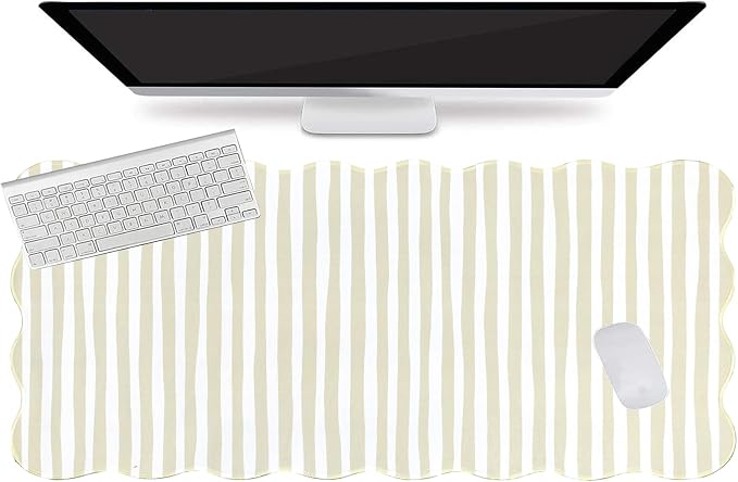 L-SPOUTTO Beige Striped Mouse Pad,Scalloped Desk Mat XXL Large Geometric Gaming Mousepad,35.4x15.7in Non-Slip Rubber Base Keyboard Pad Waterproof Desktop Mat for Laptop Computer Game Home Office