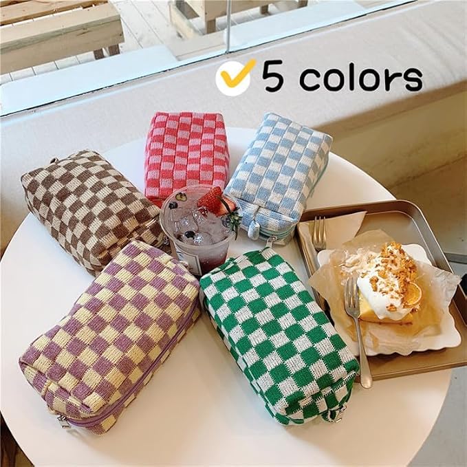 Checkered Makeup Bag for Purse, Small Travel Cosmetic Pouch,Coffee,2 Pack | Cute Zipper Makeup Organizer for Women, Travel Essentials, Toiletries, Makeup Brushes, Beauty Accessories&Bridesmaid Gifts