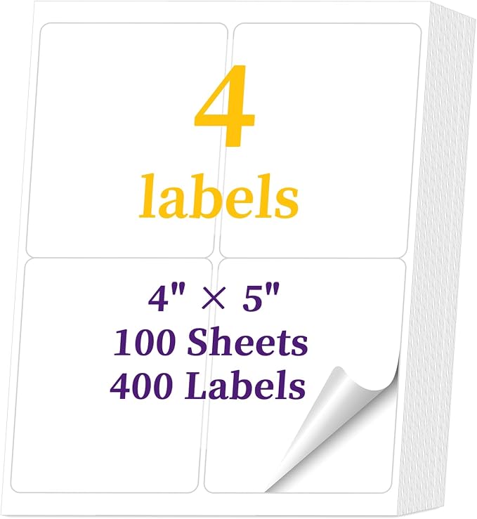 400 Labels 100 Sheets 4 Up Shipping Address Labels for Laser & Inkjet Printers, 4 per Page Sticker Paper, 4" x 5" Printable Labels