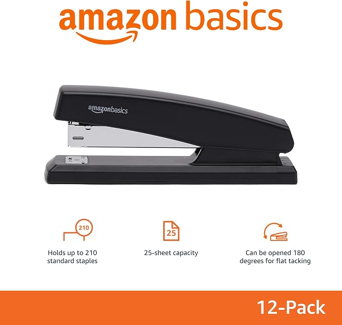 Amazon Basics Office Desk Stapler, 25-Sheet Capacity, Non-Slip with 1000 Staples, Black, 12-Pack