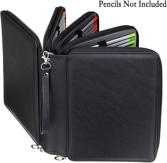 BTSKY 200 Slots Colored Pencil Organizer - Deluxe PU Leather Pencil Case Holder with Removal Handle Strap Pencil Box Large for Colored Pencils Watercolor Pencils (Black)