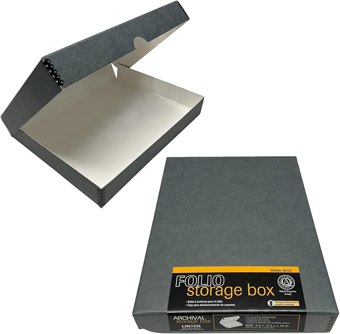 Lineco Clamshell Archival Storage Box, 9.5x12.5x1.75 Inch, Gray, Pack of 2 | Acid-Free with Metal Edge Boxboard, Organize and Store Photos Documents Cards Negatives Magazine Prints Family Records DIY
