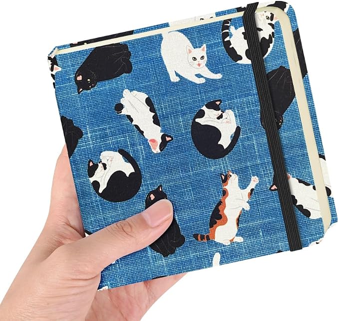 E-WEICHEN Square 4.8x4.8 inches 80gsm 96sheets/192 Pages Notebooks Blank Sketchbooks Travel Journal Pocket Hardcover Paint Writing Diary Memo Planner Cloth Cover. Cow Cat