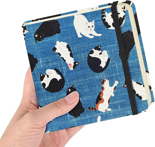 E-WEICHEN Square 4.8x4.8 inches 80gsm 96sheets/192 Pages Notebooks Blank Sketchbooks Travel Journal Pocket Hardcover Paint Writing Diary Memo Planner Cloth Cover. Cow Cat