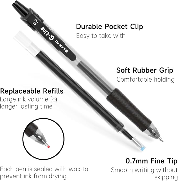 Lineon 46 Pack Black Gel Ink Pens (20 Gel Pens with 26 Refills) Medium Point Retractable Writing Smooth Writing with Comfortable Grip for Office School