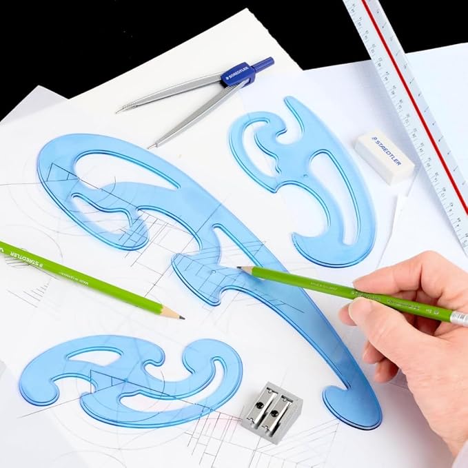 STAEDTLER Mars Professional French Curve Design Ruler Set for Pattern Making 18-Pack (18 Sets of 3 pcs), 3 Essential A B C Shapes, Blue Transparent Plastic with Inking Edge, 54 Count