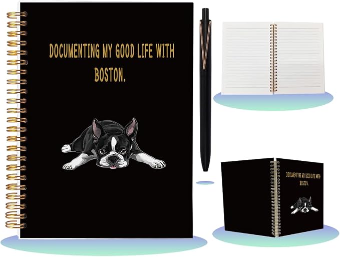 Boston Terrier Spiral Notebook with Pen Set - A5 College Ruled Lined Journal, Hardcover Dog Lover Diary for Women & Girls, Office Supplies Gift for Boston Terrier Moms, 80 Sheets
