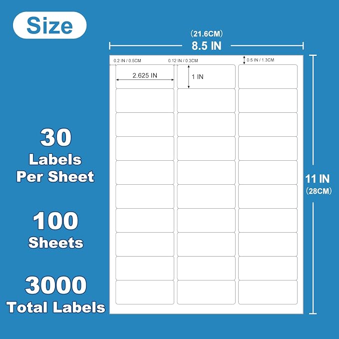 1" x 2-5/8" White Blank Address Labels, 3000 Labels (100 Sheets), Laser/Inkjet Compatible