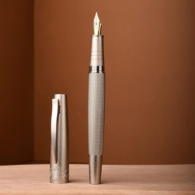 6013 Silver General Fountain Pen, Iridium Gold-silver Extra Fine Nib Solid Metal Writing Pen with Metal Case by Hongdian