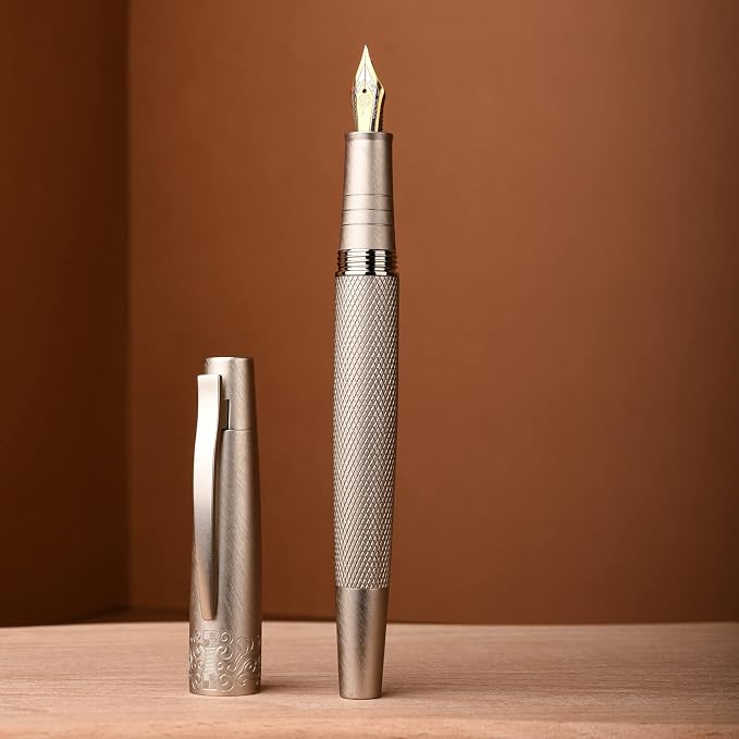 Hongdian 6013 Silver General Fountain Pen, Iridium Gold-silver Fine Nib Solid Metal Writing Pen with Metal Case