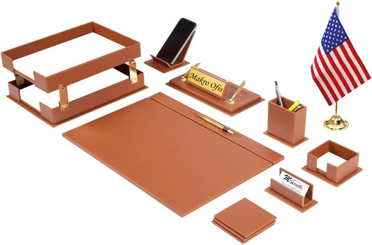 Galaxy Bonded Leather Executive Desk Set – 12-Piece Luxury Desk Organizer with Desk Mat, Double Document Rack, Name Plate, Pens & Office Accessories