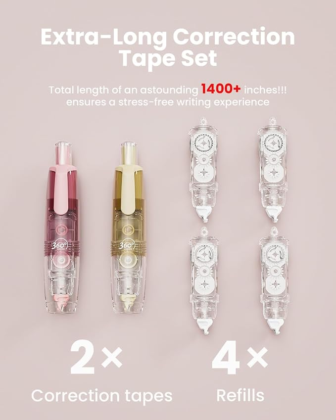 Four Candies 2-Pack White Correction Tape, Refillable, 118.1 ft, 6mm Width | 4 Refill Tapes, Retractable, Smooth, Tear-Resistant, Cute Pen Shaped Applicator for Back to School Teen & Adults