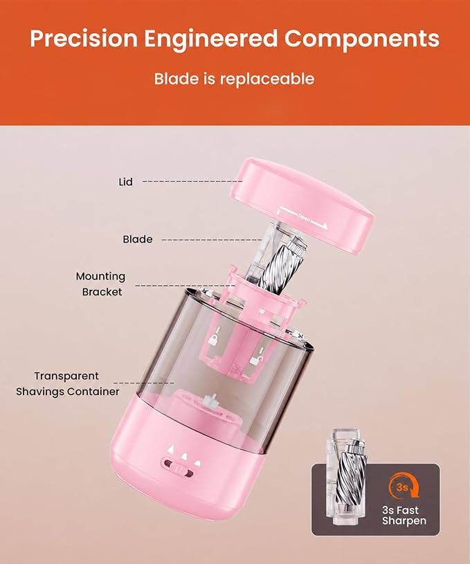 Electric Pencil Sharpener for Classroom, Fully Automatic Pencil Sharpener for 6-8mm Pencils & Colored Pencils, Auto in & Out Type-C Rechargeable Pencil Sharpeners for Home, School Light Pink