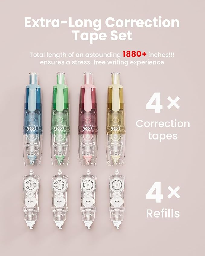 Four Candies 4 Pack Refillable Correction Tape, Pen Style, Quick Dry | Pen-style design, retractable applicator, includes 4 extra refills, smooth correction, ideal for school, office, journaling.
