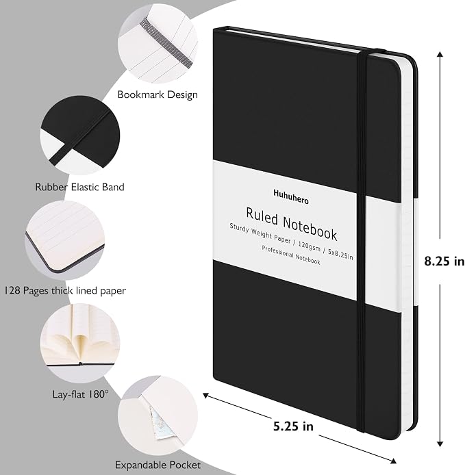 Huhuhero Lined Journal Notebooks for Work, College Ruled 5.25"×8.25", Black | Hardcover Notebooks for Women Men, 120Gsm Thick Ink-proof Paper for Note Taking Writing, Office School Supplies (1, Black)