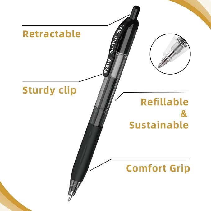 EYEYE G-103 Gel Pen 0.7mm, 5 Black 3 Blue 2 Red, Medium Point Pens | Retractable, Quick Drying, Ballpoint Pen Fine Point Smooth Writing Pens for Office School Supplies