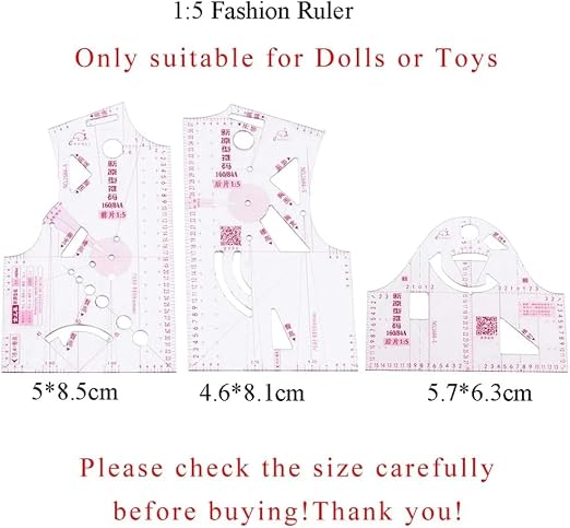 3Pcs Fashion Design Ruler Set - Plastic, Single Piece of Cloth, 1:5 Scale - Sewing Tools for Dressmaking Pattern Making