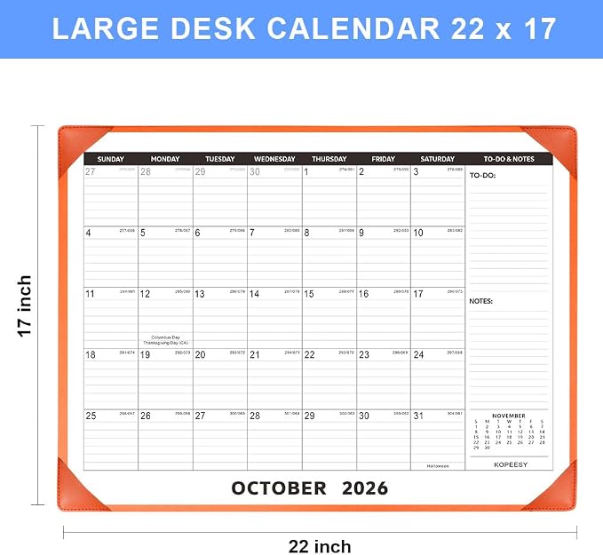 Large Desk Calendar 2026-2027 with Desktop Mat, KOPEESY 22" x 17" Desktop Calendar, 18 Mouths From July 2026 to December 2027, Office Supplies Desk Blotter Calendar for Home School and Office