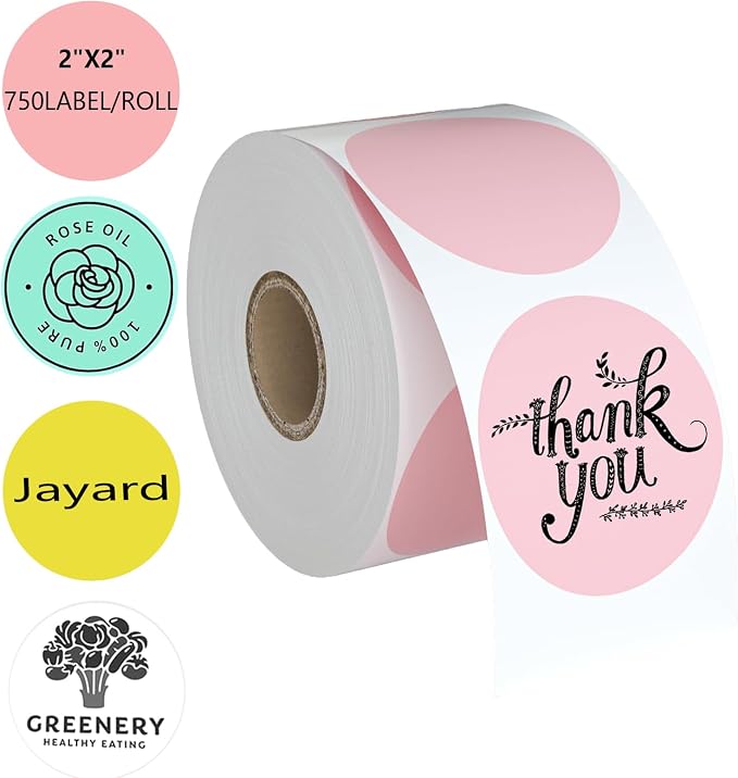 Cute Pink Thermal Labels, 2" Thermal Printer Labels for Name Tag, DIY, QR Code, Self-Adhesive Address Shipping Stickers, Blank Circle Sticker Labels Compatible with Zebra, Rollo,(750 Labels/1 Roll)