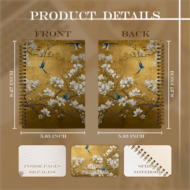 JTRYHRERE Vintage Gold Chinoiserie Floral Bird Spiral Notebook for Work Study, Luxury White Magnolia Floral Blue Bird Notebook Journal for Women Note Taking, 5.5x8.3 Inch